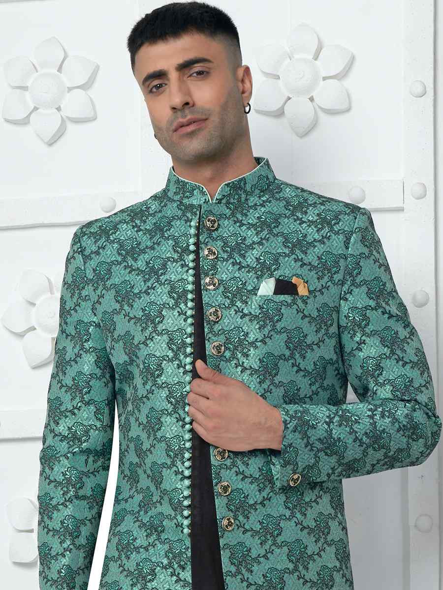 Teal Green Jacquard Silk Embroidered Groom Wedding Sherwani