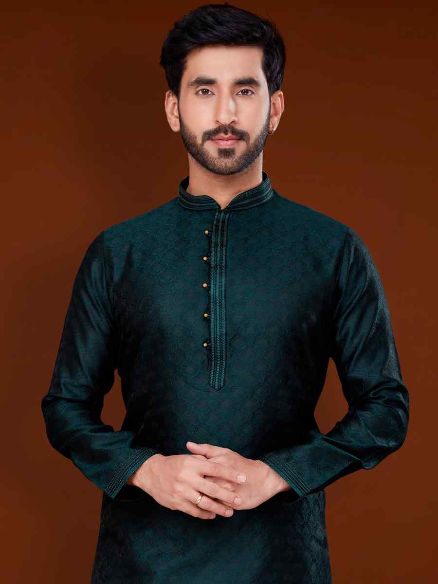 Teal Green Jacquard Woven Wedding Festival Kurta