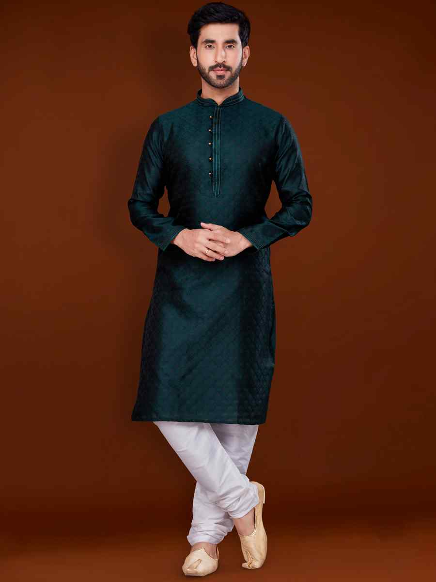 Teal Green Jacquard Woven Wedding Festival Kurta