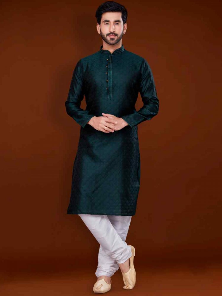 Teal Green Jacquard Woven Wedding Festival Kurta