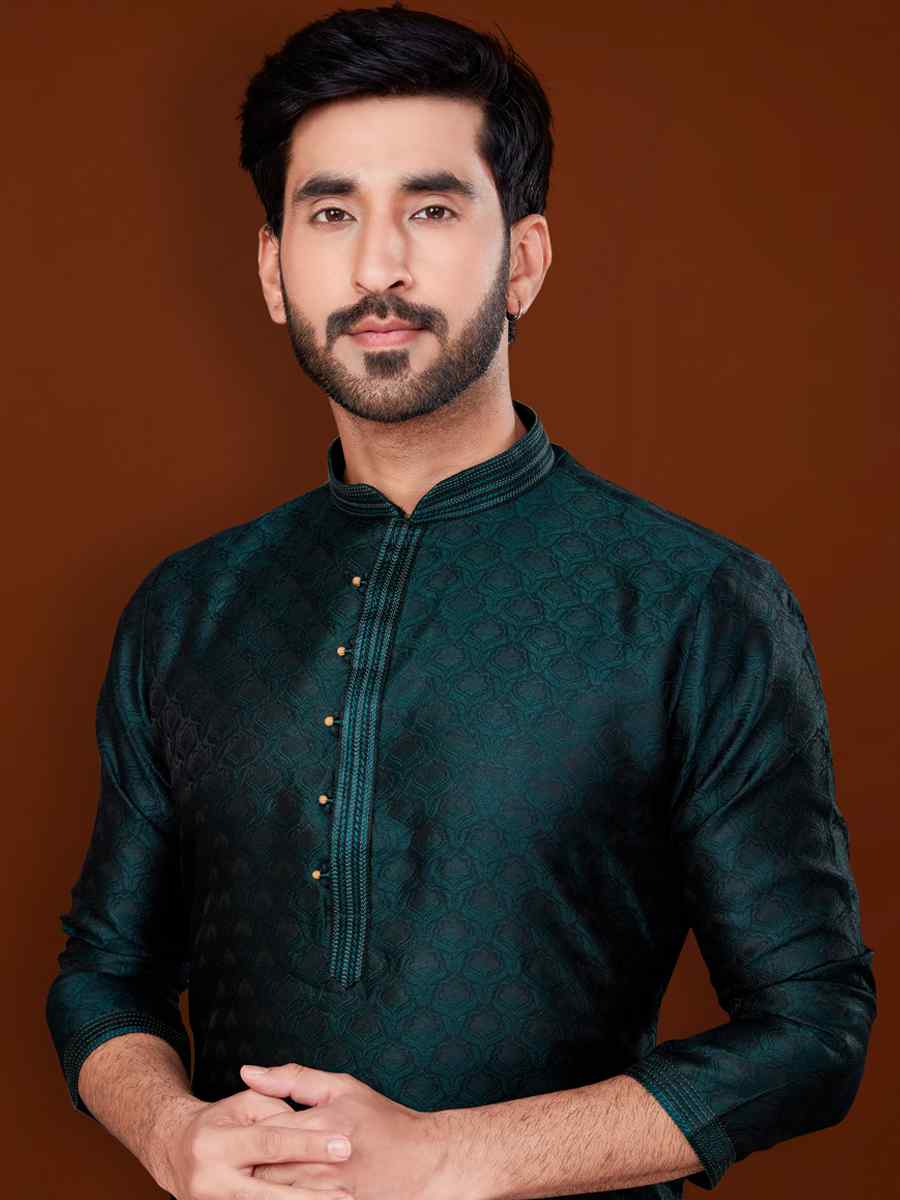 Teal Green Jacquard Woven Wedding Festival Kurta