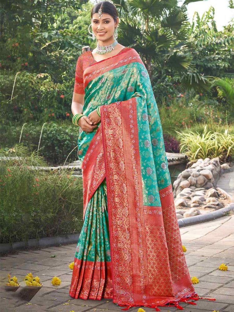 Teal Green Kanjivaran Silk Handwoven Wedding Festival Heavy Border Saree