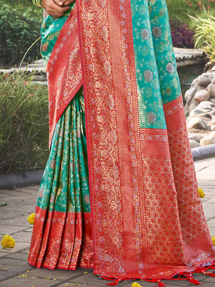 Teal Green Kanjivaran Silk Handwoven Wedding Festival Heavy Border Saree