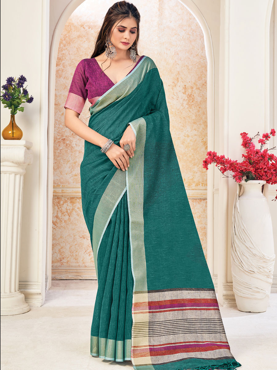 Teal Green Linen Plain Festival Saree