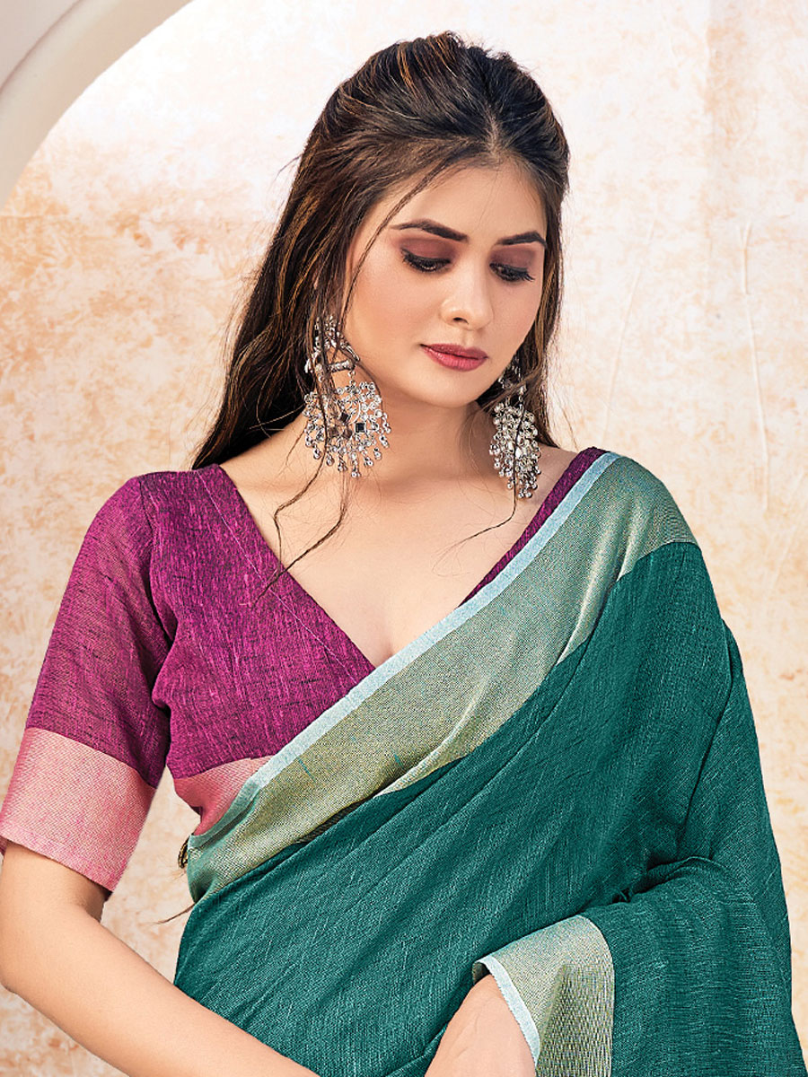 Teal Green Linen Plain Festival Saree