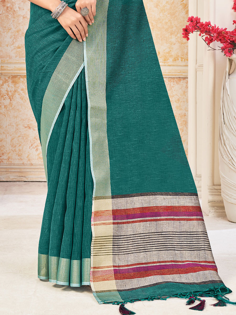 Teal Green Linen Plain Festival Saree