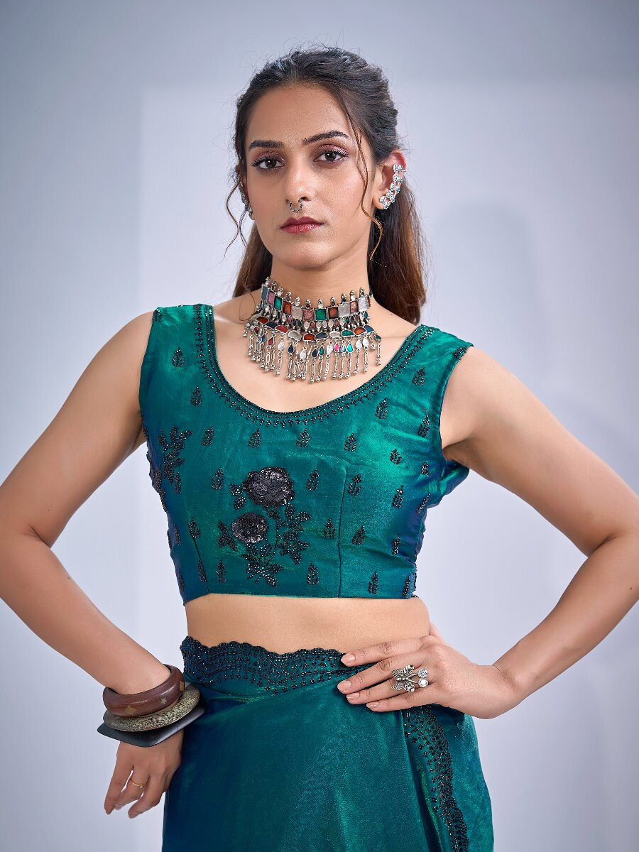 Teal Green NC Satin Silk Stone Work 3d Sequence Festival Wedding Fancy Classic Heavy Border Saree