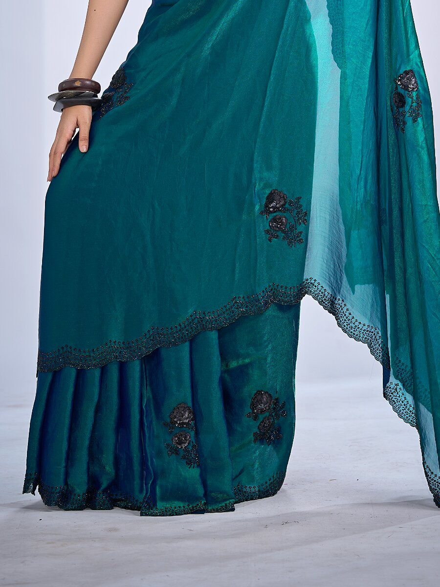 Teal Green NC Satin Silk Stone Work 3d Sequence Festival Wedding Fancy Classic Heavy Border Saree