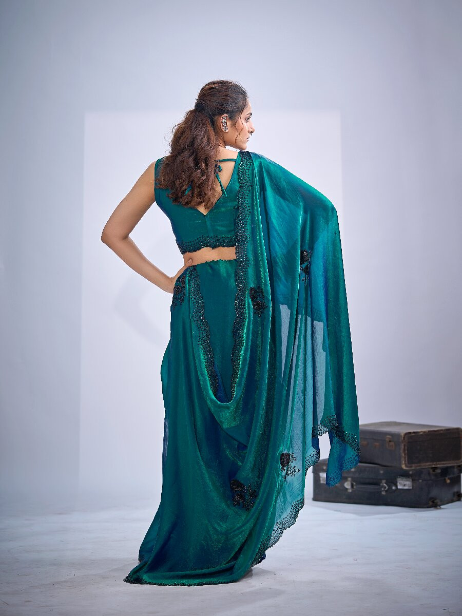 Teal Green NC Satin Silk Stone Work 3d Sequence Festival Wedding Fancy Classic Heavy Border Saree