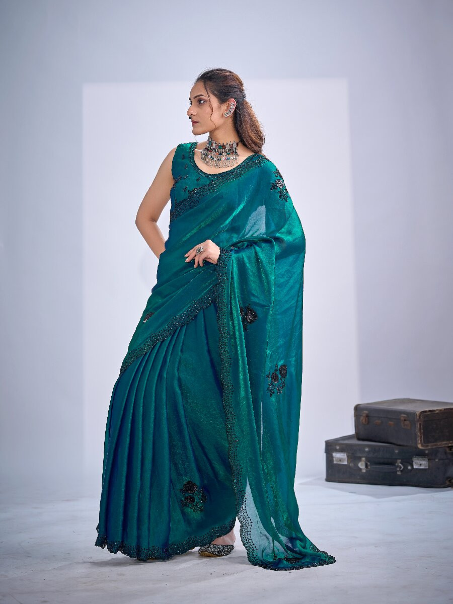 Teal Green NC Satin Silk Stone Work 3d Sequence Festival Wedding Fancy Classic Heavy Border Saree