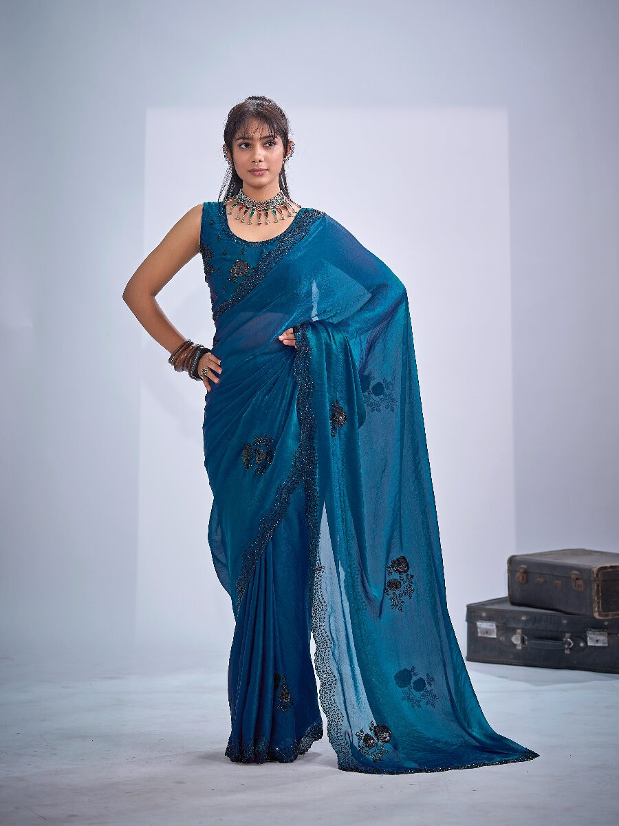 Teal Green NC Satin Silk Stone Work 3d Sequence Festival Wedding Fancy Classic Heavy Border Saree