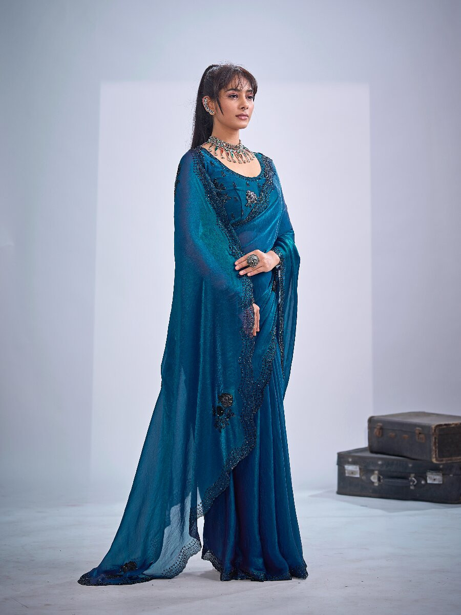 Teal Green NC Satin Silk Stone Work 3d Sequence Festival Wedding Fancy Classic Heavy Border Saree