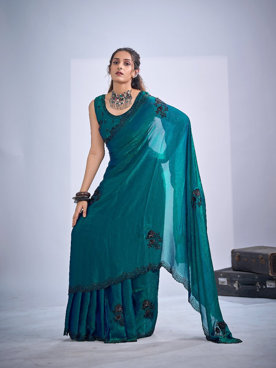 Teal Green NC Satin Silk Stone Work 3d Sequence Festival Wedding Fancy Classic Heavy Border Saree