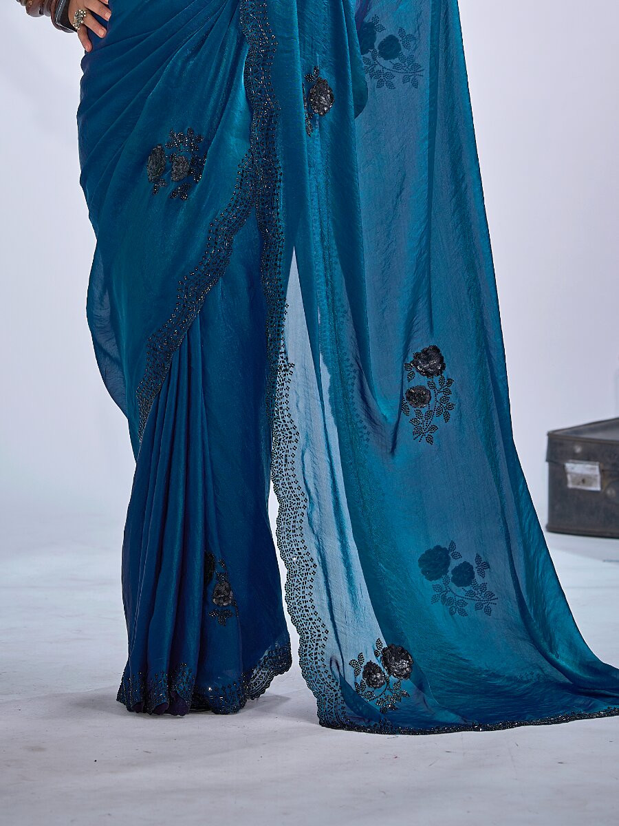 Teal Green NC Satin Silk Stone Work 3d Sequence Festival Wedding Fancy Classic Heavy Border Saree