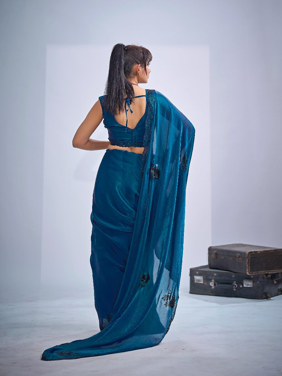 Teal Green NC Satin Silk Stone Work 3d Sequence Festival Wedding Fancy Classic Heavy Border Saree