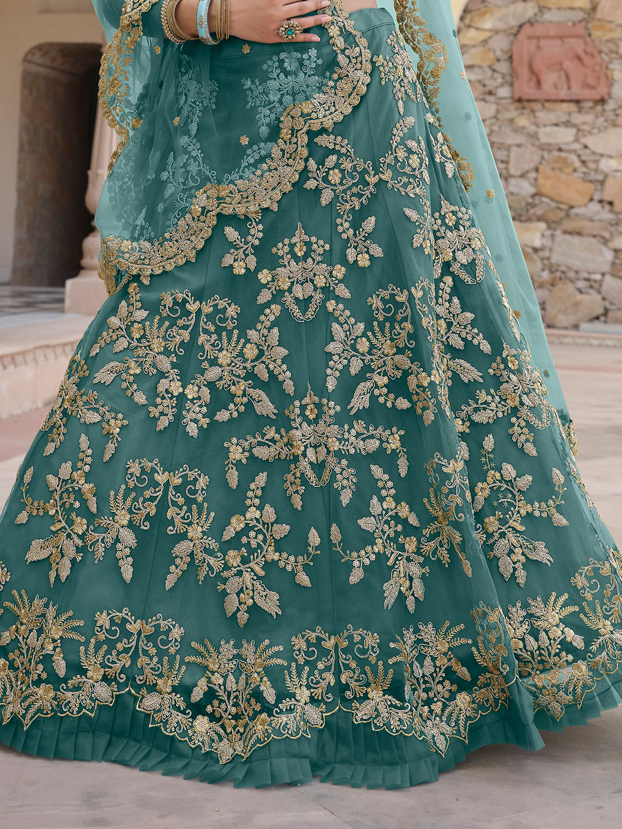 Teal Green Net Embroidered Bridal Lehenga Choli