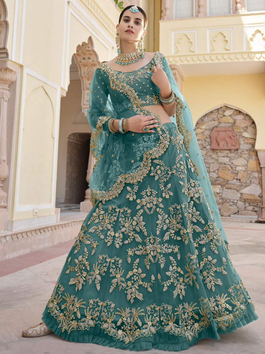 Teal Green Net Embroidered Bridal Lehenga Choli