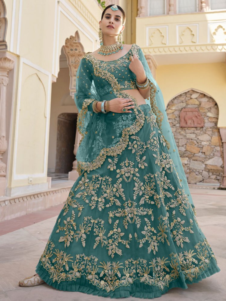 Teal Green Net Embroidered Bridal Lehenga Choli