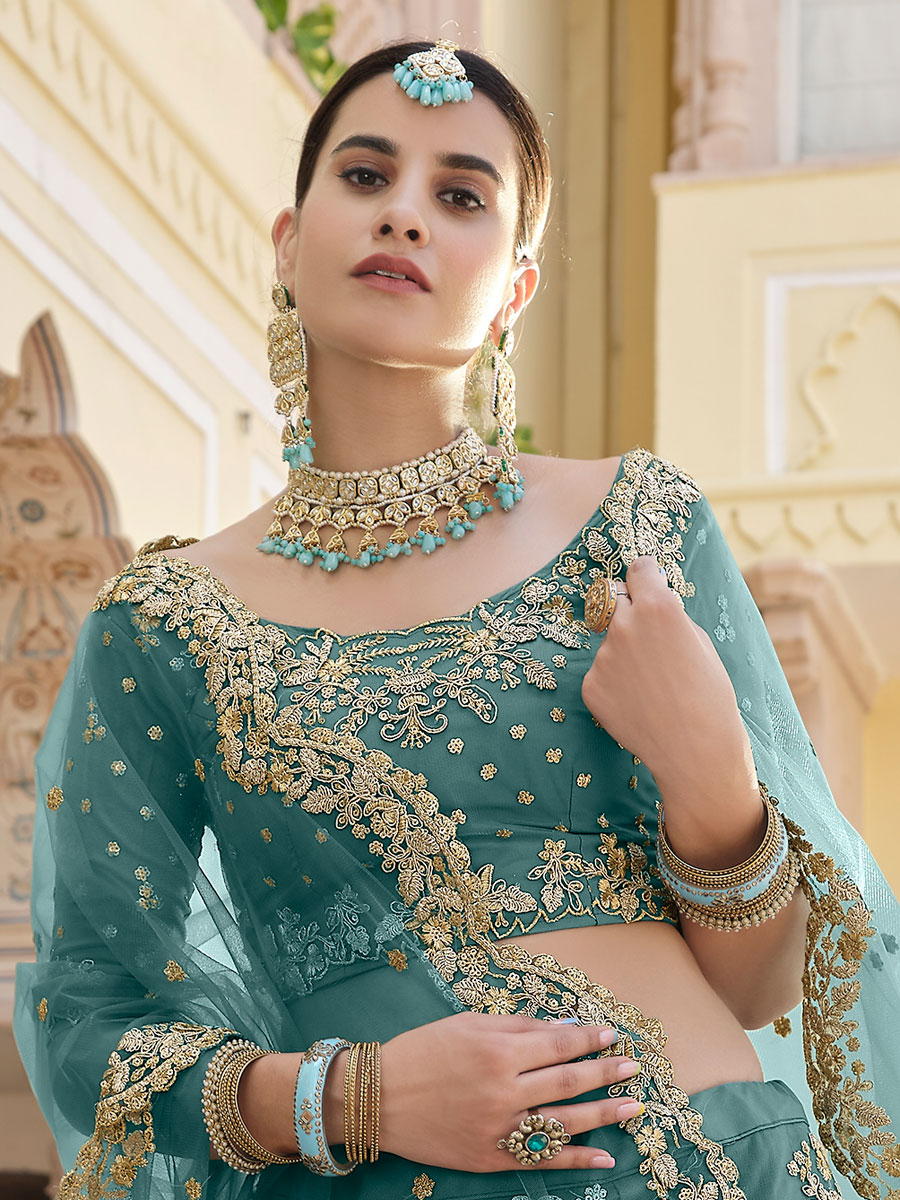 Teal Green Net Embroidered Bridal Lehenga Choli