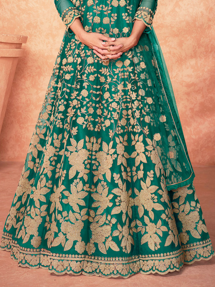 Teal Green Net Embroidered Party Lawn Kameez
