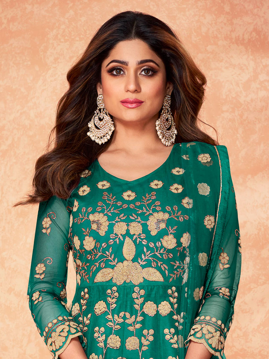 Teal Green Net Embroidered Party Lawn Kameez