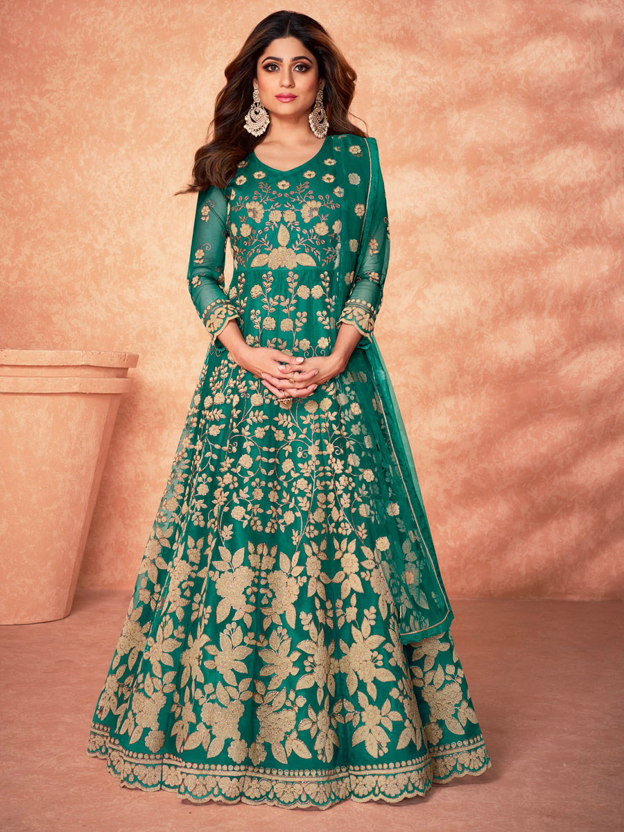 Teal Green Net Embroidered Party Lawn Kameez