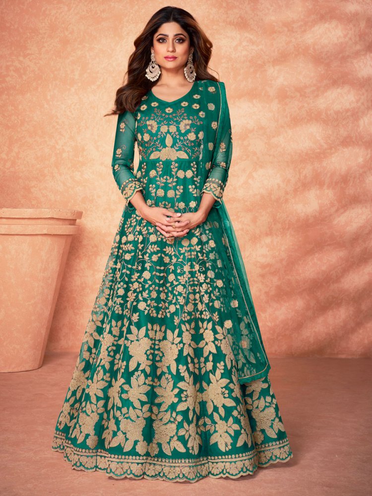 Teal Green Net Embroidered Party Lawn Kameez