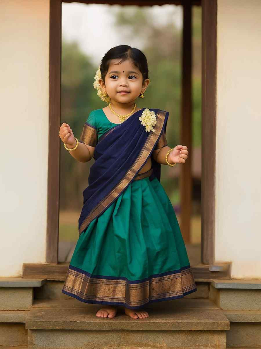 Teal Green Premium Lichi Silk Brocade Kids Wear Wedding Festival Lehengas Girls Wear