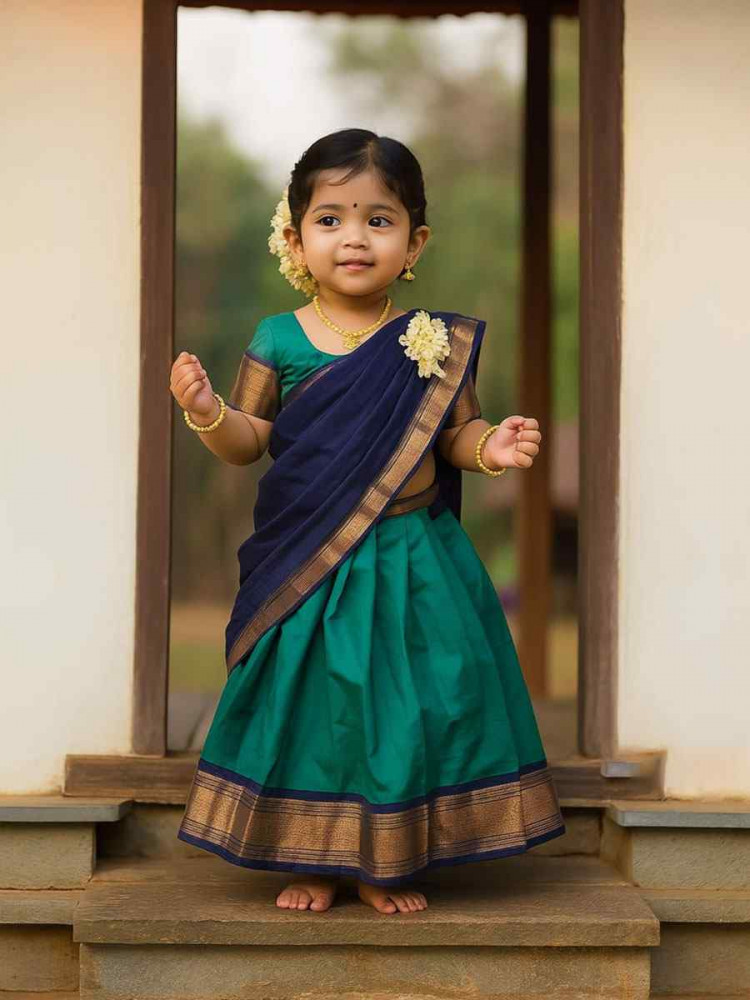 Image of Teal Green Premium Lichi Silk Brocade Kids Wear Wedding Festival Lehengas Girls Wear