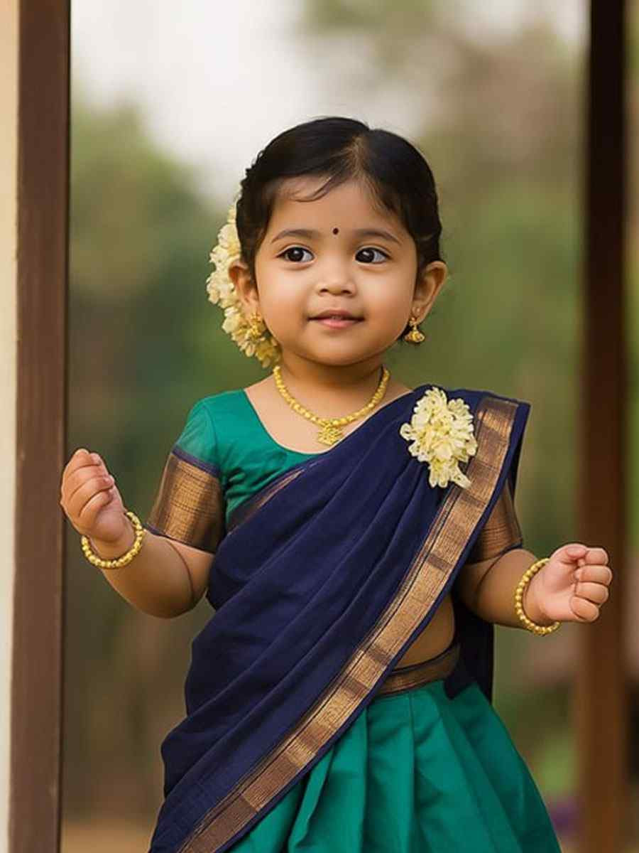 Teal Green Premium Lichi Silk Brocade Kids Wear Wedding Festival Lehengas Girls Wear