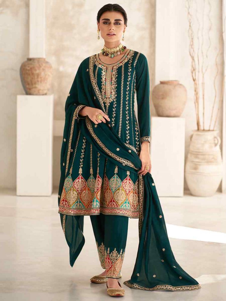 Teal Green Premium Silk Embroidered Festival Wedding Patiala Salwar Kameez