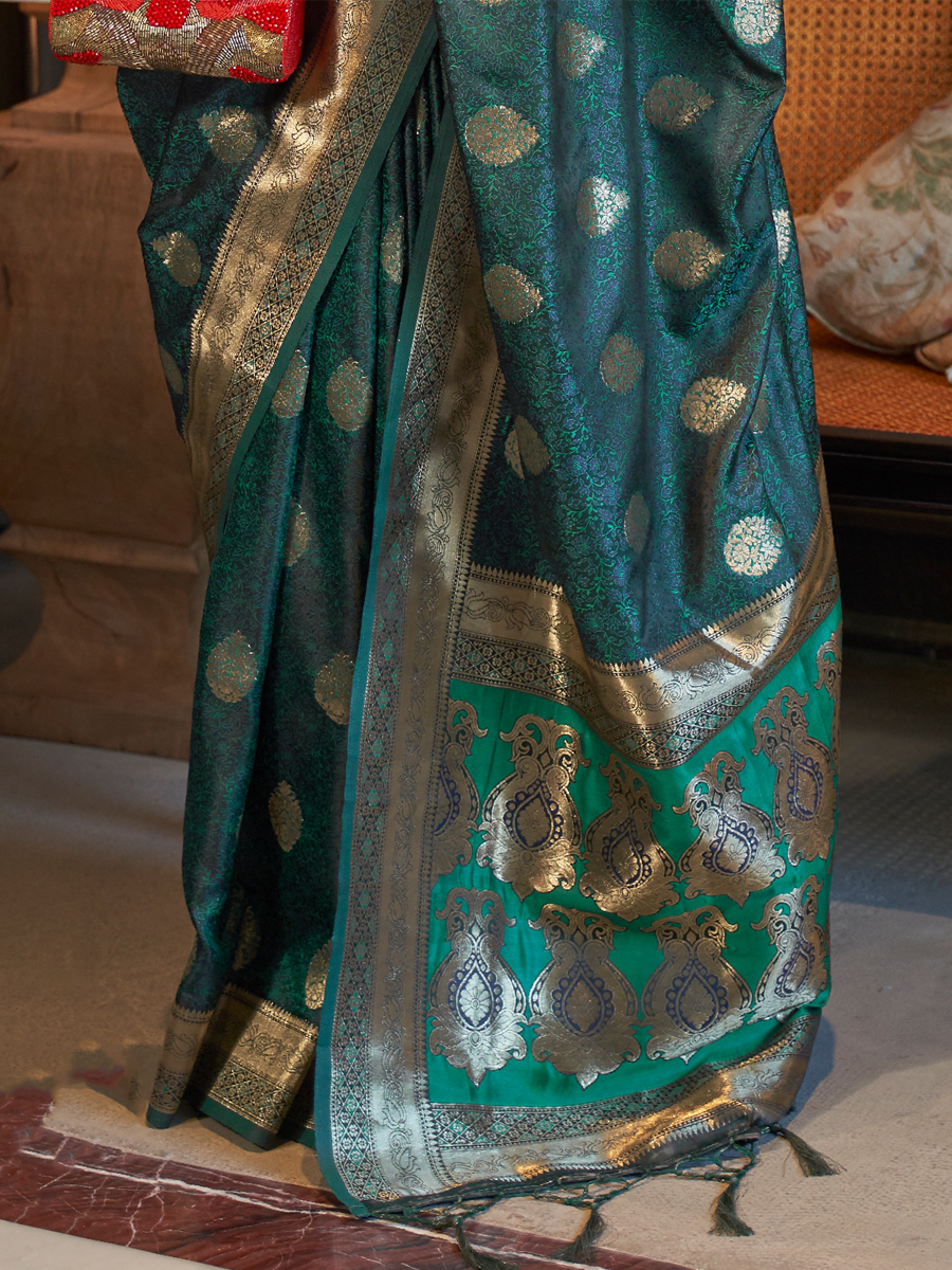 Teal Green Pure Satin Silk Handwoven Wedding Festival Heavy Border Saree