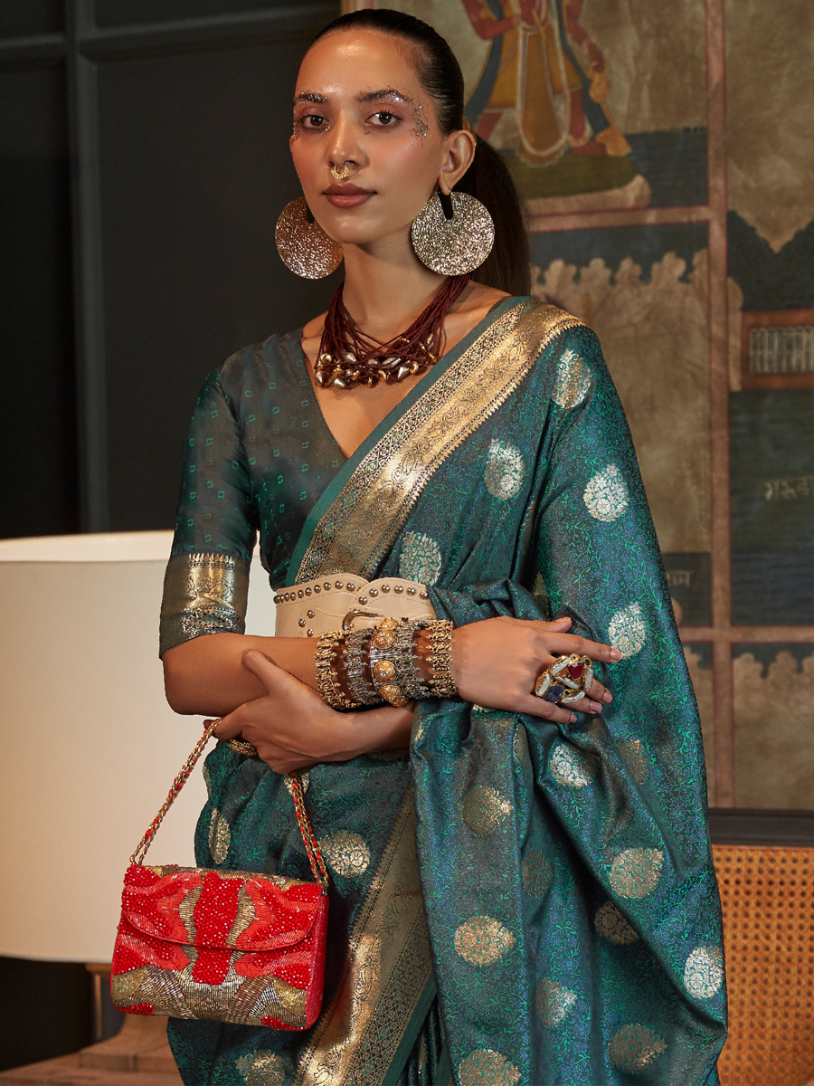 Teal Green Pure Satin Silk Handwoven Wedding Festival Heavy Border Saree