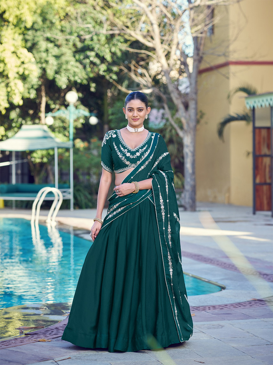 Teal Green Rangoli Crush Silk Embroidery Sequins Wedding Reception Party Wear Festival Circular Lehenga Choli