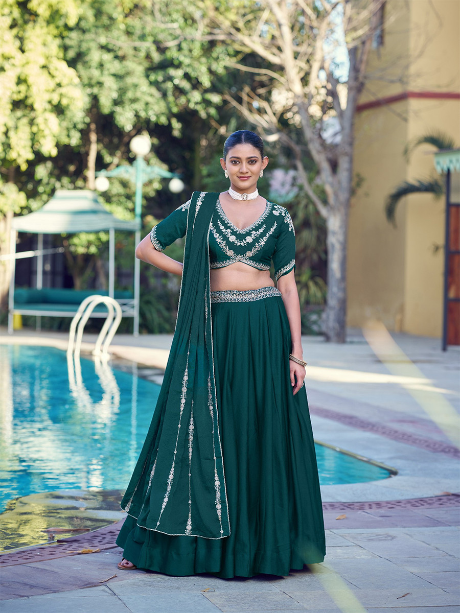 Teal Green Rangoli Crush Silk Embroidery Sequins Wedding Reception Party Wear Festival Circular Lehenga Choli