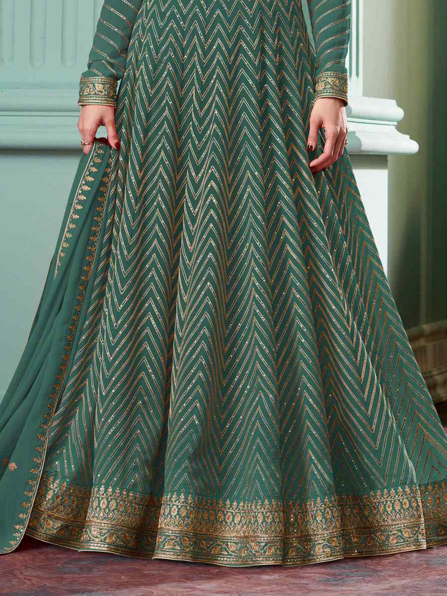 Teal Green Real Georgette Embroidered Festival Wedding Bollywood Style Anarkali Salwar Kameez