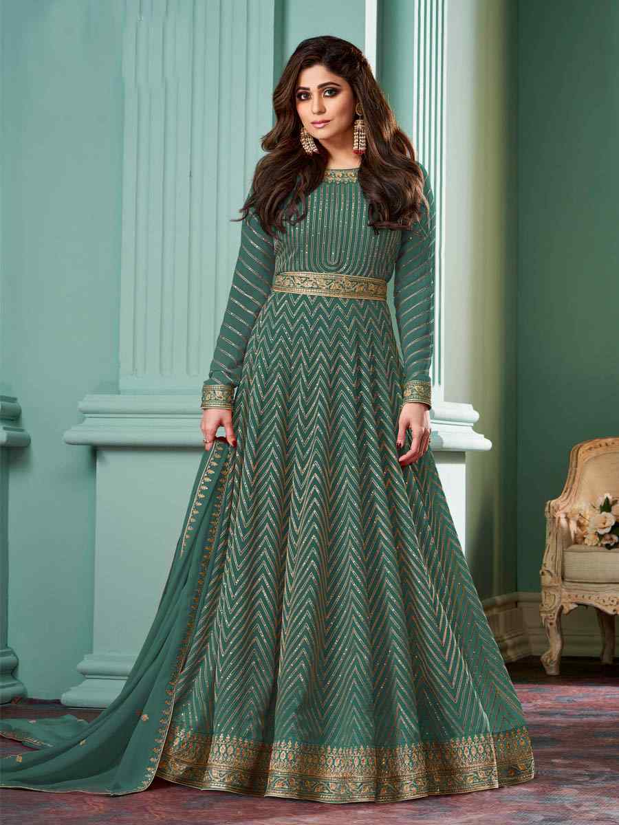 Teal Green Real Georgette Embroidered Festival Wedding Bollywood Style Anarkali Salwar Kameez