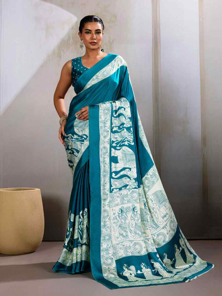 Image of Teal Green Satin Silk Printed Traditional Casual Reception Festival Wedding Fancy Heavy Border Saree