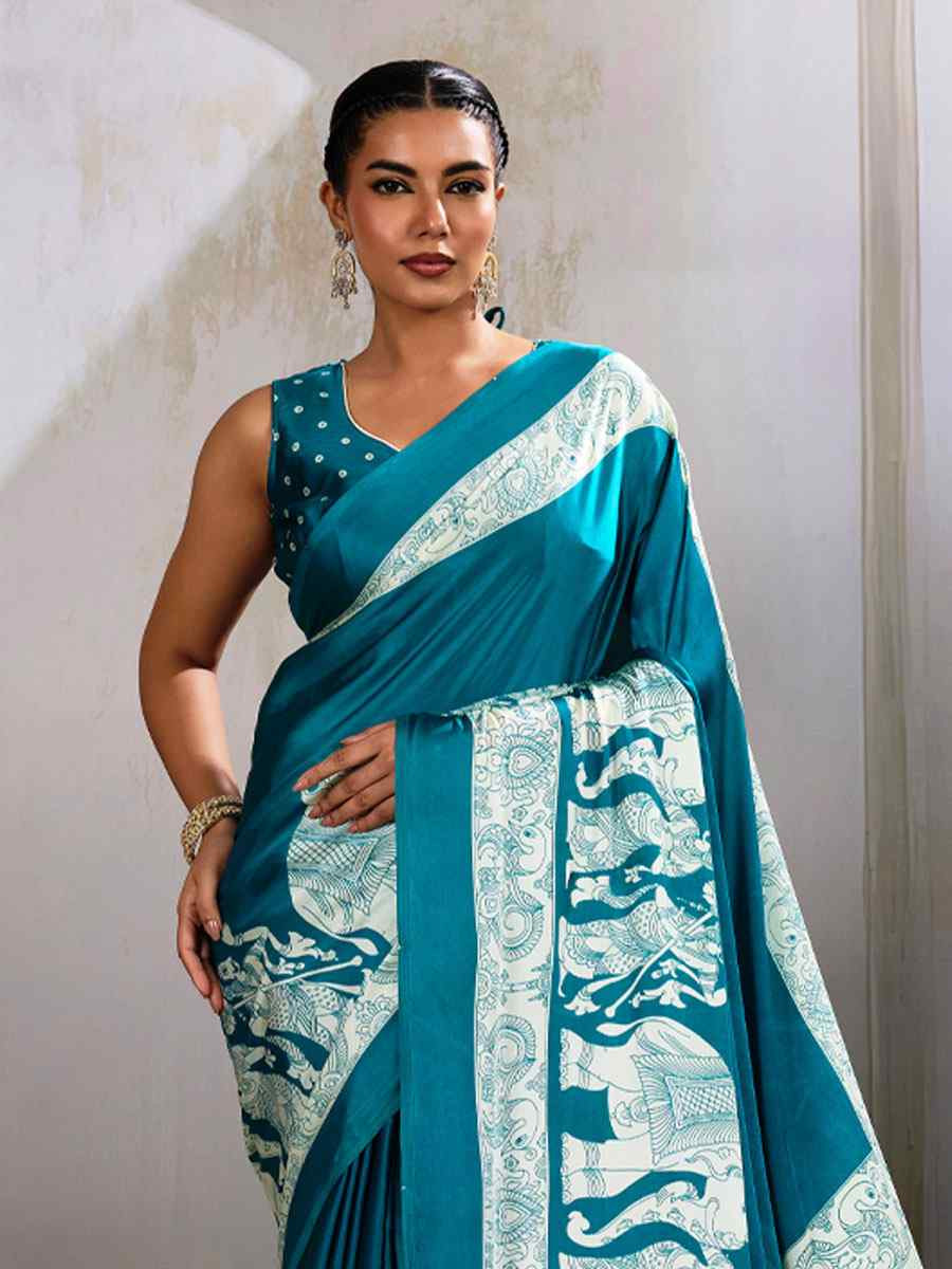 Teal Green Satin Silk Printed Traditional Casual Reception Festival Wedding Fancy Heavy Border Saree