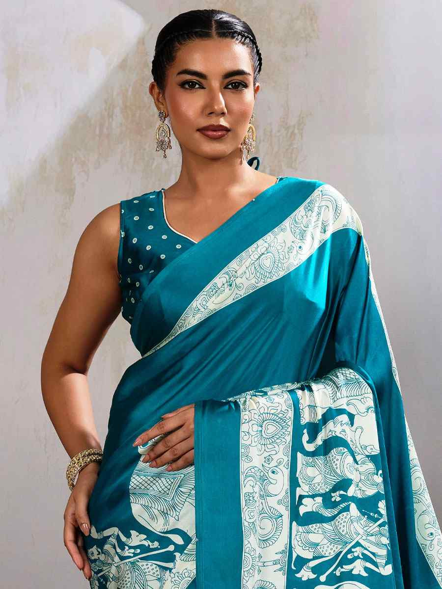 Teal Green Satin Silk Printed Traditional Casual Reception Festival Wedding Fancy Heavy Border Saree