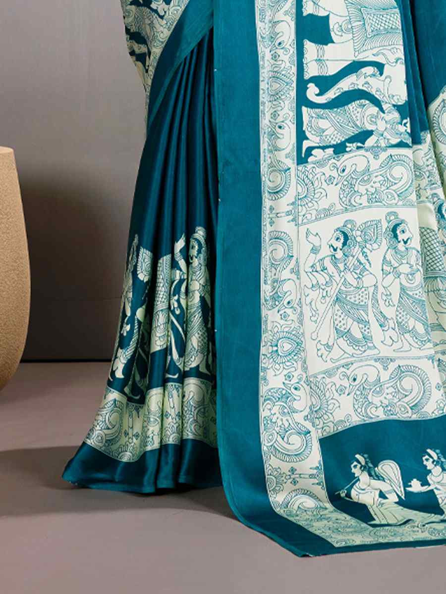 Teal Green Satin Silk Printed Traditional Casual Reception Festival Wedding Fancy Heavy Border Saree