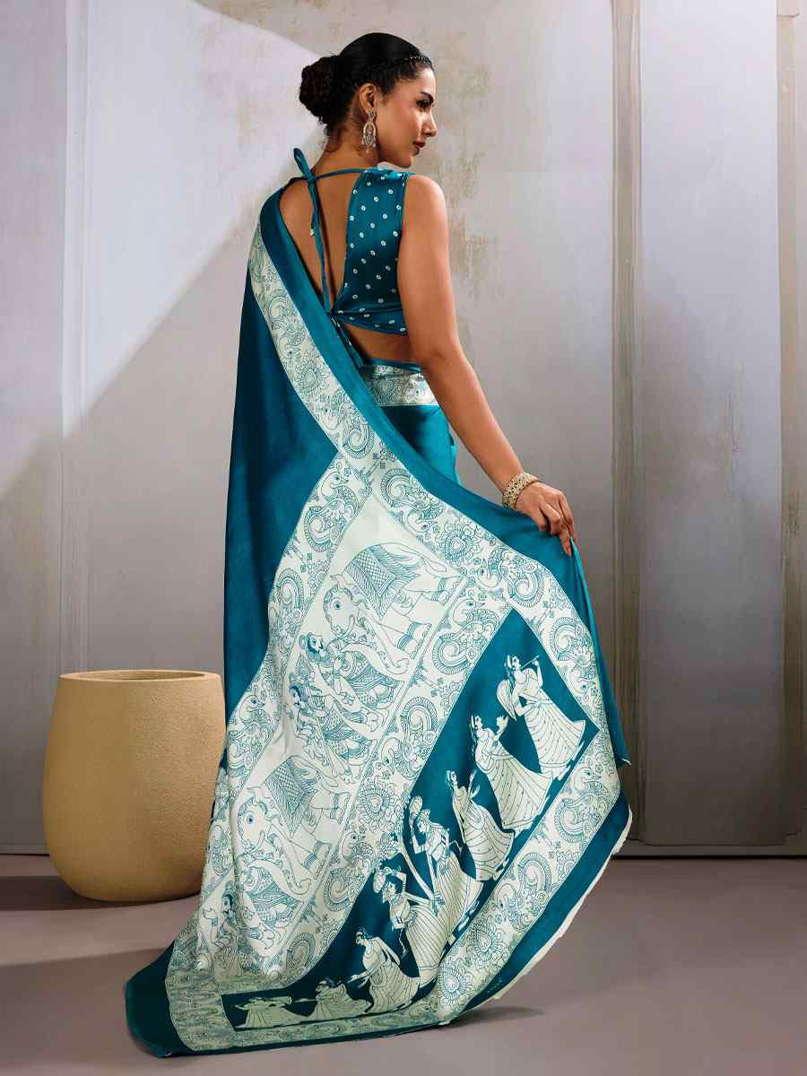 Teal Green Satin Silk Printed Traditional Casual Reception Festival Wedding Fancy Heavy Border Saree