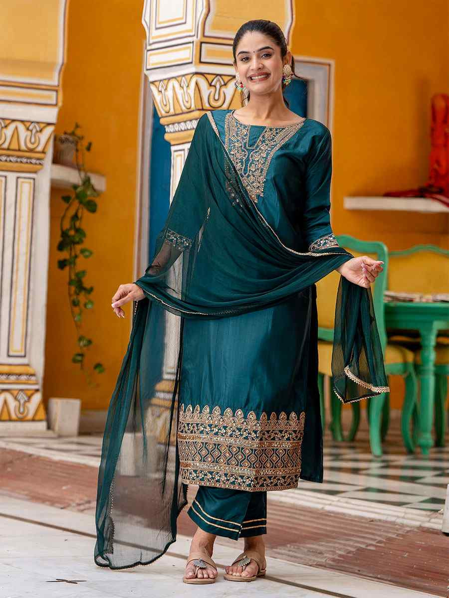 Teal Green Silk Blend Embroidery Party Wedding Festival Casual Ready Pant Salwar Kameez