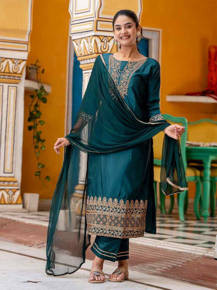 Image of Teal Green Silk Blend Embroidery Party Wedding Festival Casual Ready Pant Salwar Kameez