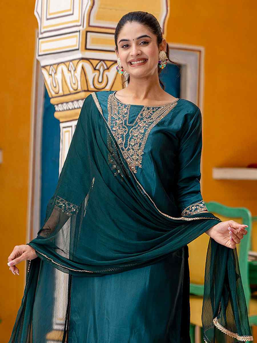 Teal Green Silk Blend Embroidery Party Wedding Festival Casual Ready Pant Salwar Kameez