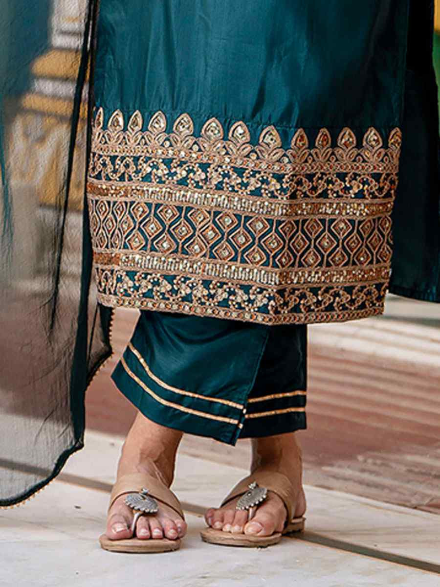 Teal Green Silk Blend Embroidery Party Wedding Festival Casual Ready Pant Salwar Kameez