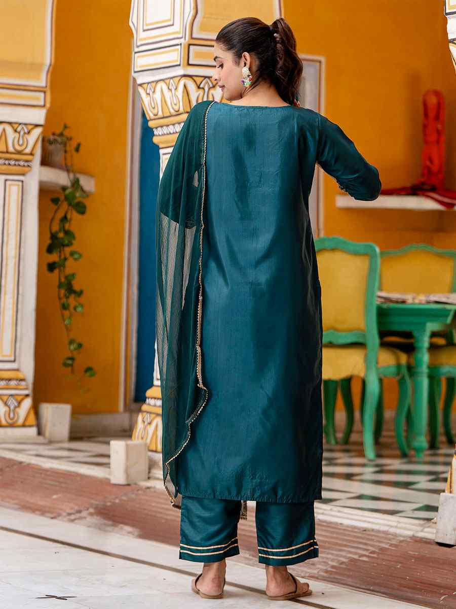 Teal Green Silk Blend Embroidery Party Wedding Festival Casual Ready Pant Salwar Kameez