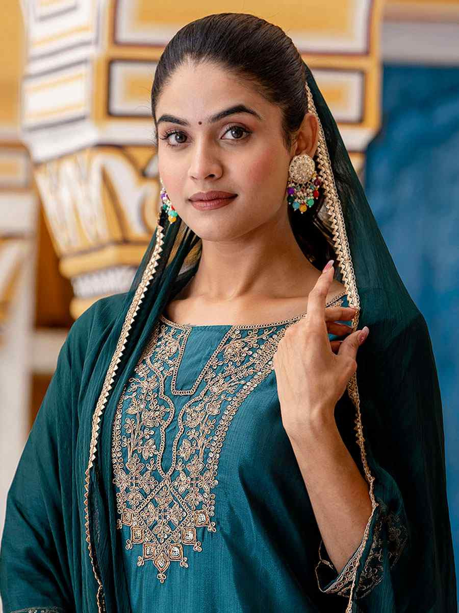 Teal Green Silk Blend Embroidery Party Wedding Festival Casual Ready Pant Salwar Kameez