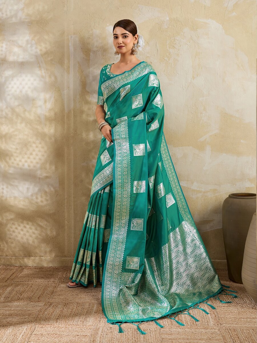 Teal Green Silk Blend Zari Wedding Reception Party Festival Casual Heavy Border Sarees