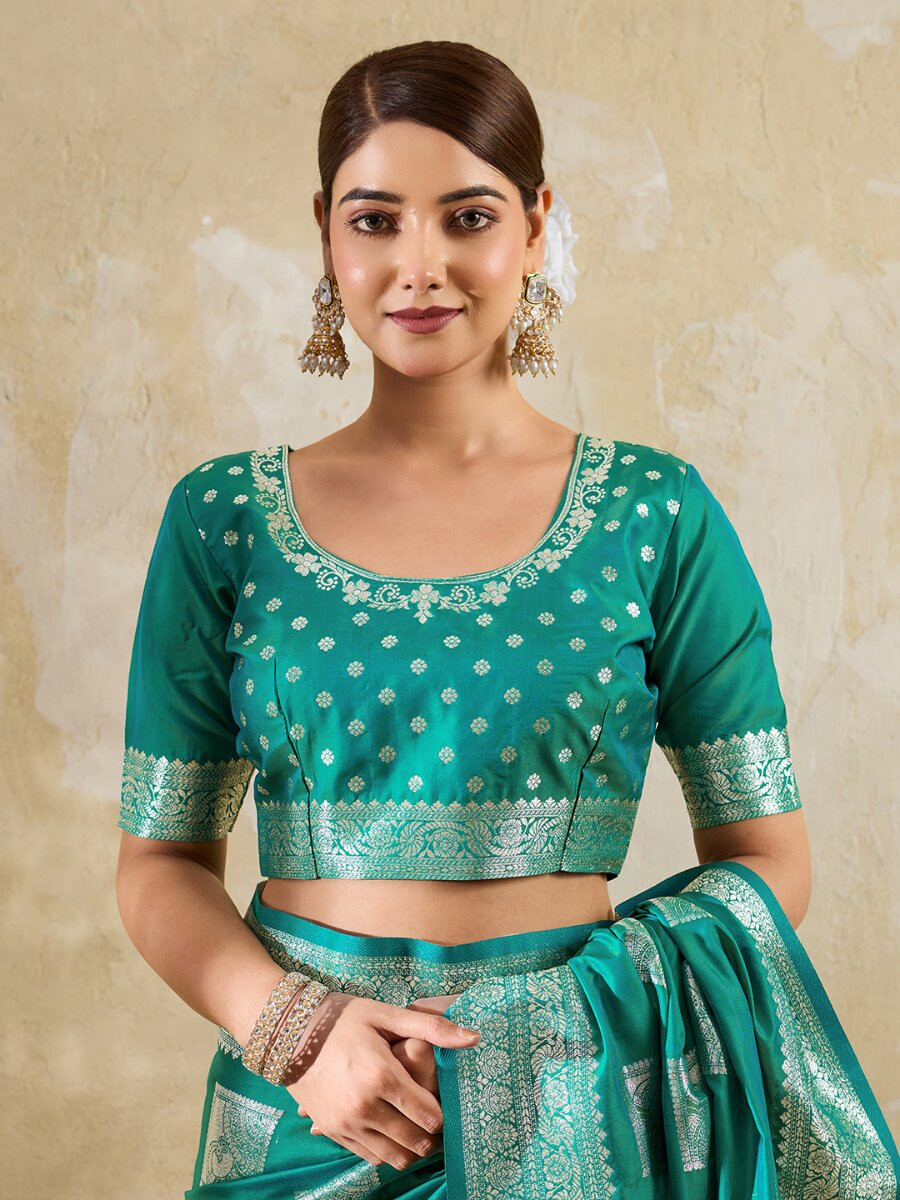 Teal Green Silk Blend Zari Wedding Reception Party Festival Casual Heavy Border Sarees